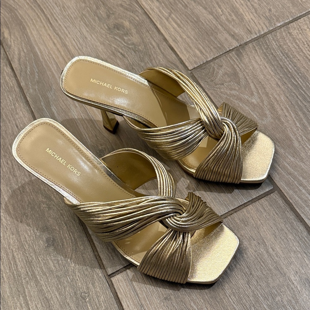 MICHAEL Michael Kors Metallic Gold Knotted Strap Mule Heels - Picture 4 of 10